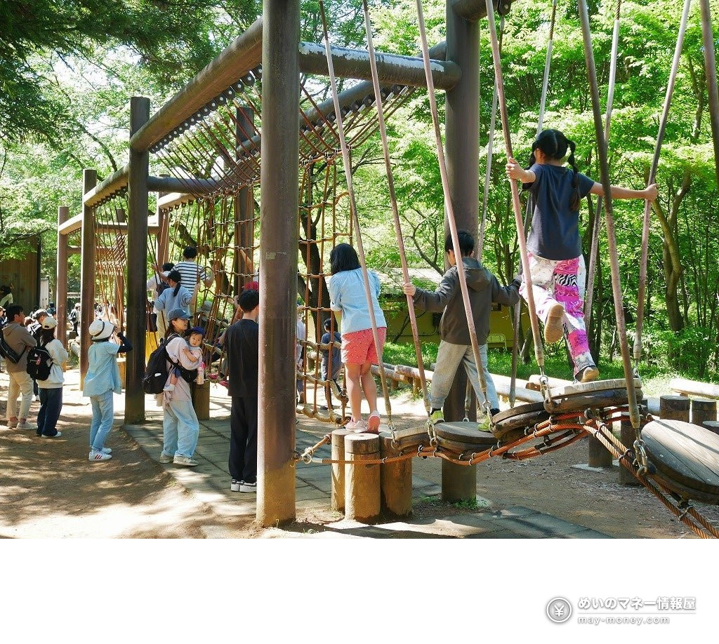 Children playing on a wooden rope-walk athletic course