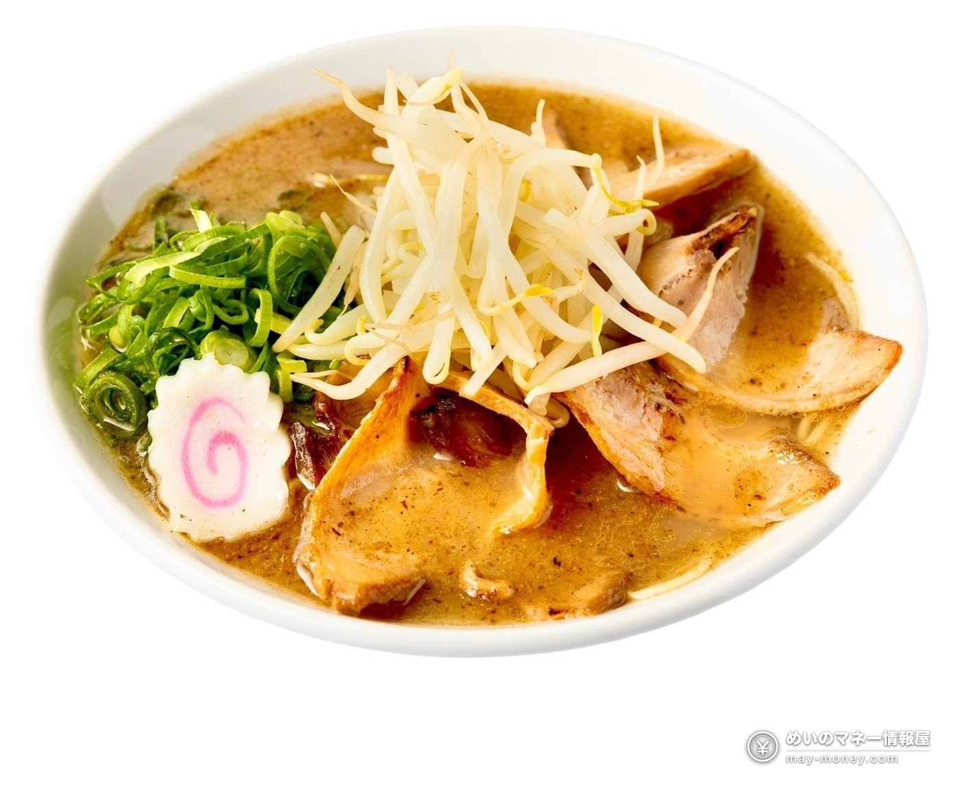Miso-style ramen topped with bean sprouts, green onions, a slice of naruto fish cake and seared chashu pork