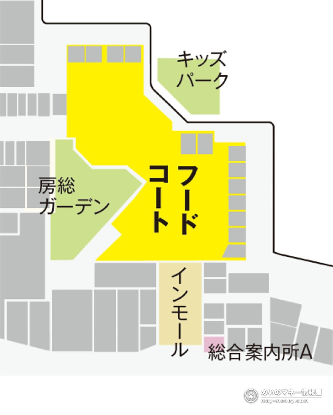 Yellow facility map around the food court and kids park area