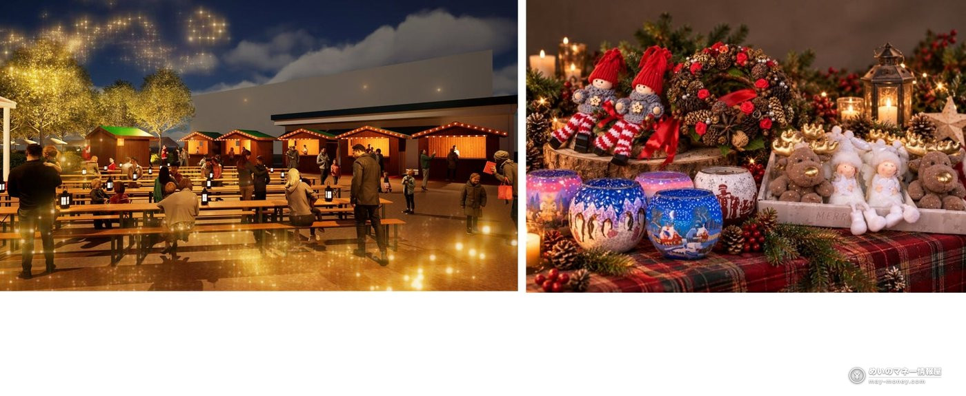 Cocoon City Christmas Market: Free Entry, Hours and What to Expect at Saitama-Shintoshin 3 Artist’s impression of market stalls and benches at night, with photos of Christmas goods and candles