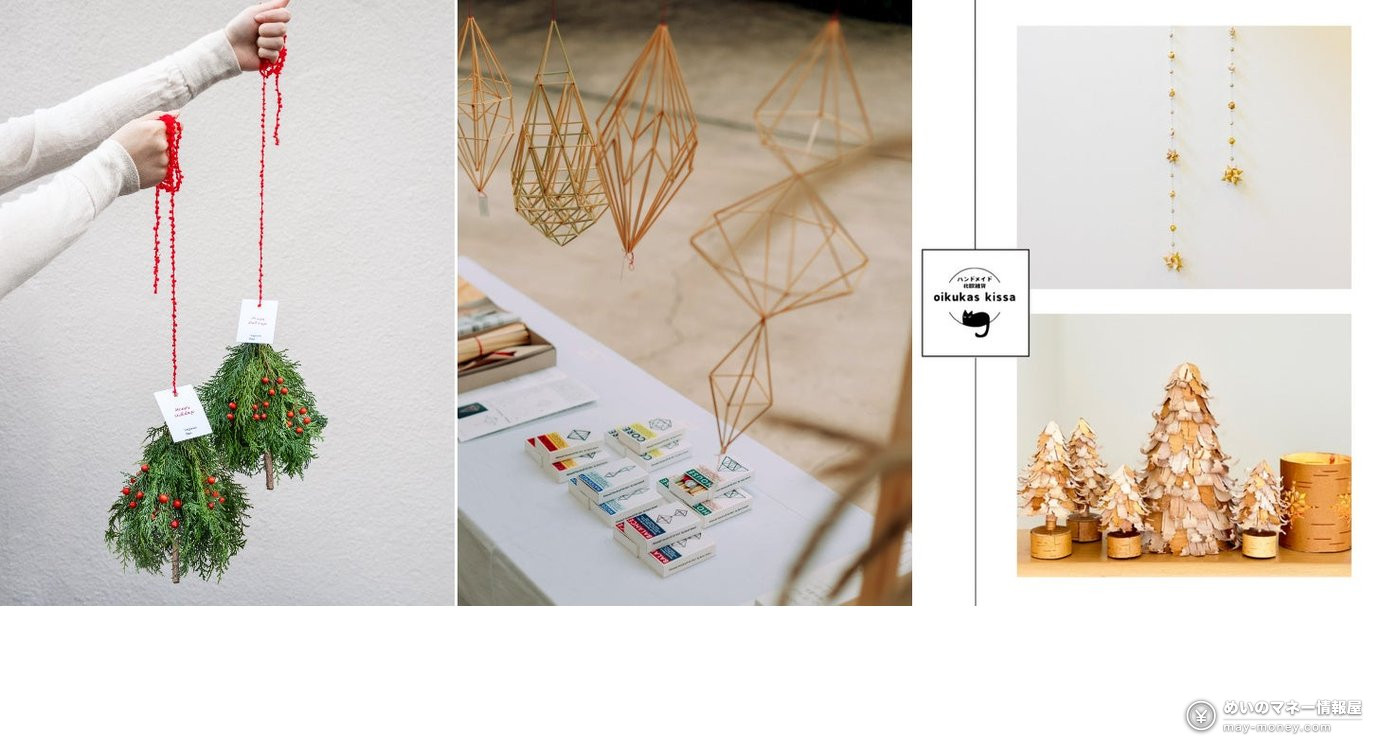 Evergreen decoration with red string, wooden geometric ornament and birch tree craft