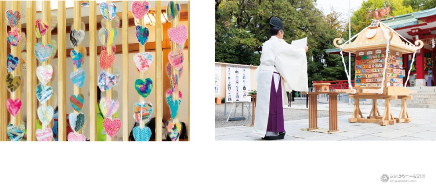 吊るされたハート形の作品と、神社で行われる祈祷の様子