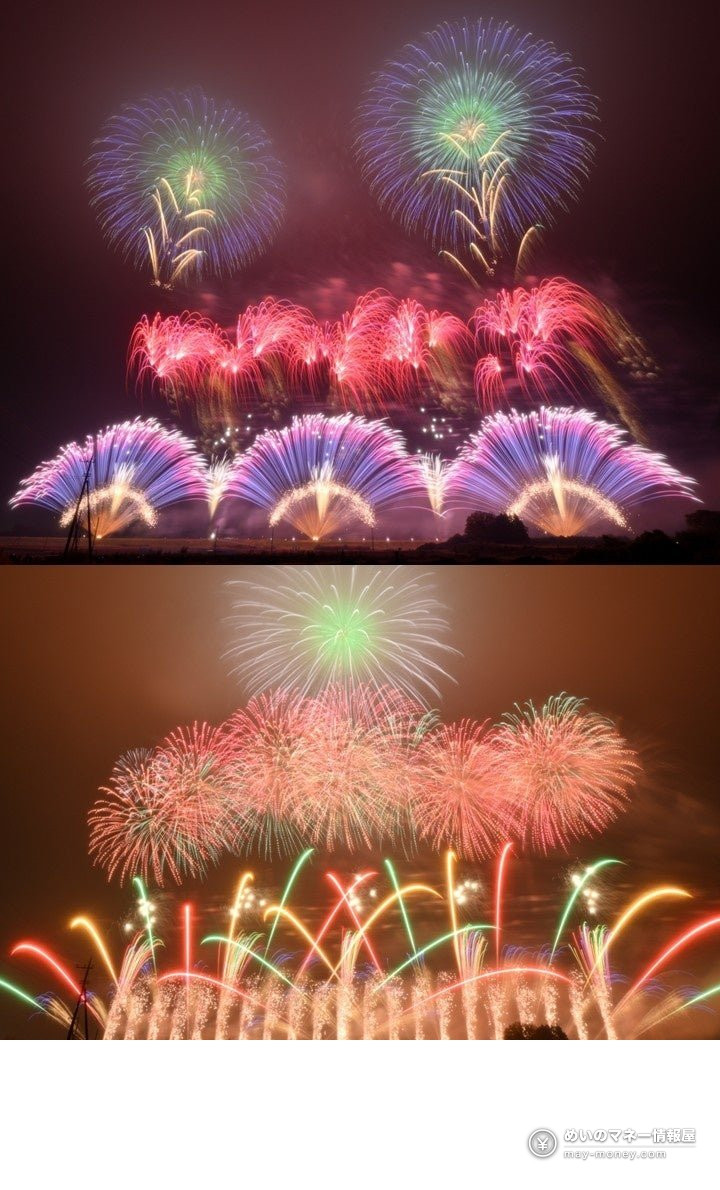 常総新花火|冬の1万発・観覧席の料金と見どころ 2 夜空に広がる色鮮やかな花火を収めた2枚の写真