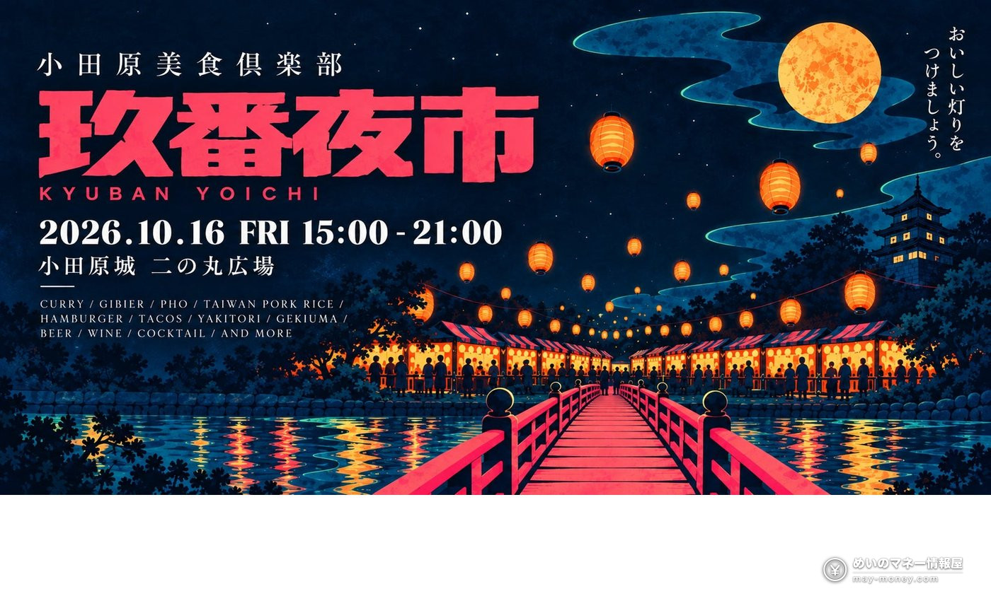Odawara Night Food Market at Odawara Castle: Free Entry, 18 Local Shops on 16 October 1 Kuban Yoichi night market poster with lanterns, a red bridge and Odawara Castle, dated 16 October 2026