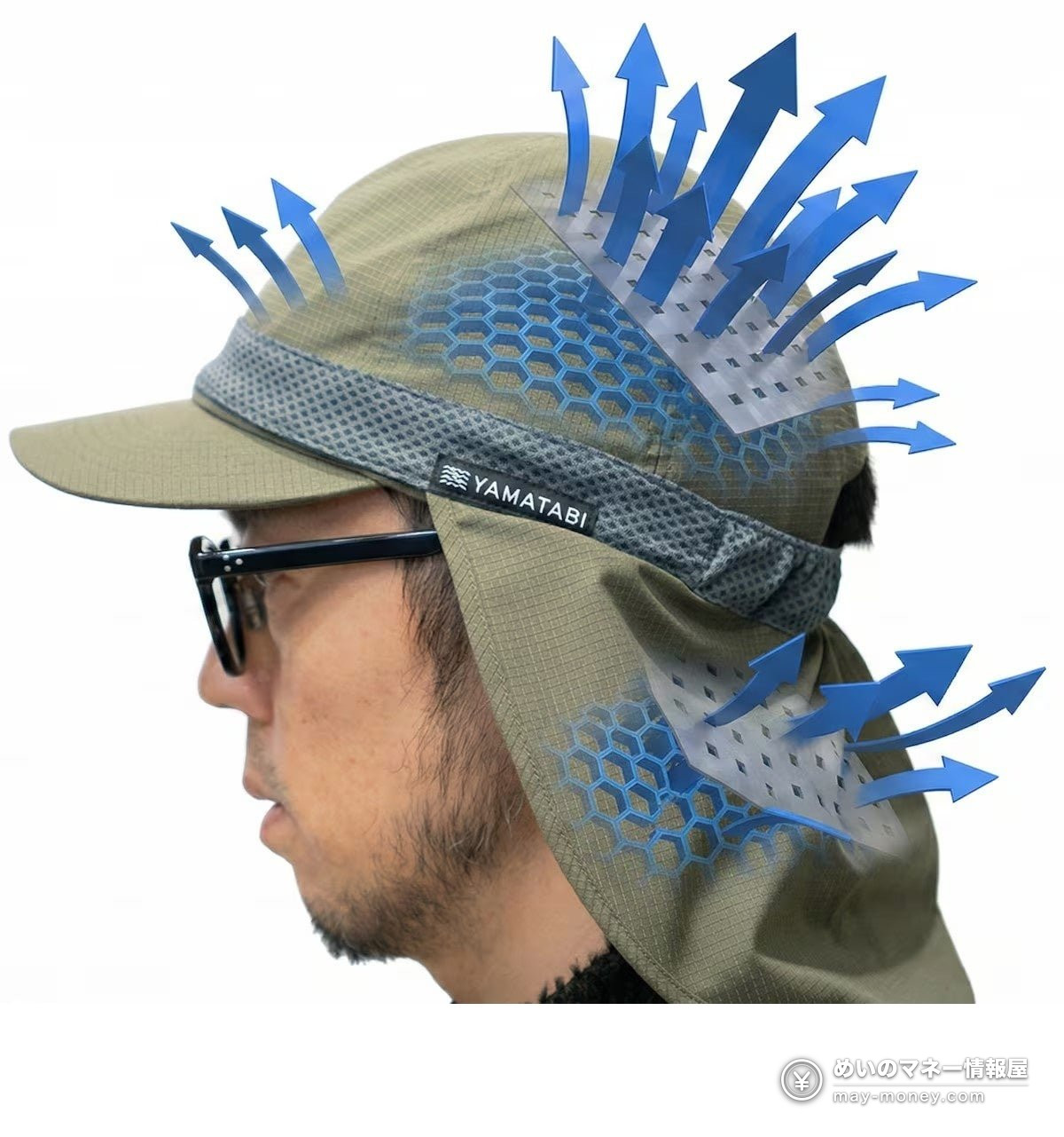 Takaosan Noichi Market at Takaosanguchi Station: Outdoor Gear, Free Talks and Local Beer (Oct 31–Nov 1) 4 A Yamatabi hiking cap with a sun flap and blue arrows showing airflow
