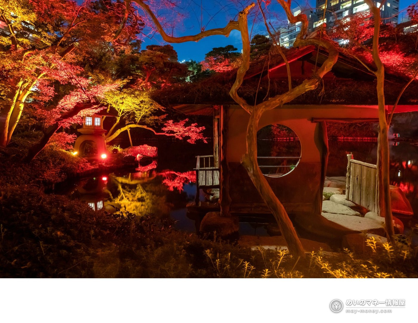 八芳园红叶点灯「TOKYO RED GARDEN 2026」攻略|11/27–12/6庭园免费入场・限定晚餐8,800日元 2 点灯中的红叶与圆窗凉亭、石灯笼和池塘