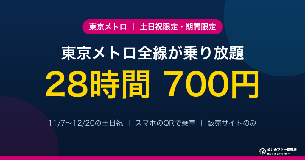 東京メトロ 土日祝限定28時間券（QR）全線乗り放題 28時間700円