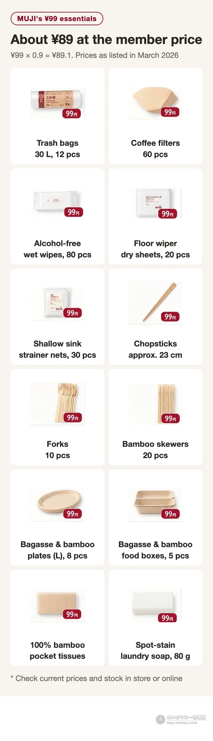 MUJI Week (Oct 23–Nov 3): Stack AirWALLET 15%, Marui & AEON 7 12 of MUJI's ¥99 essentials: 30 L trash bags, coffee filters, alcohol-free wet wipes, floor wiper dry sheets, shallow sink strainer nets, chopsticks, forks, bamboo skewers, bagasse and bamboo plates and food boxes, 100% bamboo pocket tissues, spot-stain laundry soap