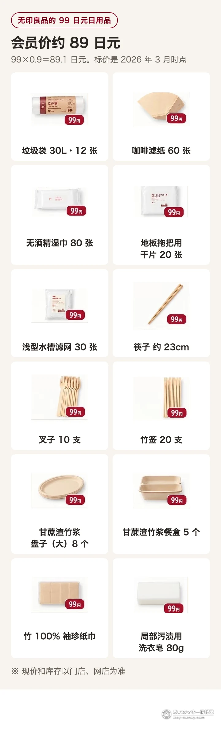无印良品周(10/23–11/3)会员9折再叠:AirWALLET返15%・丸井EPOS再9折・永旺金卡95折 7 无印良品99日元日用品12款:30L垃圾袋、咖啡滤纸、无酒精湿巾、地板拖把用干片、浅型水槽滤网、筷子、叉子、竹签、甘蔗渣竹浆盘子和餐盒、竹100%袖珍纸巾、局部污渍用洗衣皂