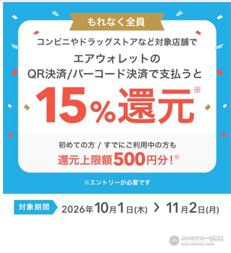无印良品周(10/23–11/3)会员9折再叠:AirWALLET返15%・丸井EPOS再9折・永旺金卡95折 2 AirWALLET官方活动图:在便利店、药妆店等对象店铺用AirWALLET的QR码・条形码付款返15%,返还上限500日元,需报名,对象期间2026年10月1日至11月2日